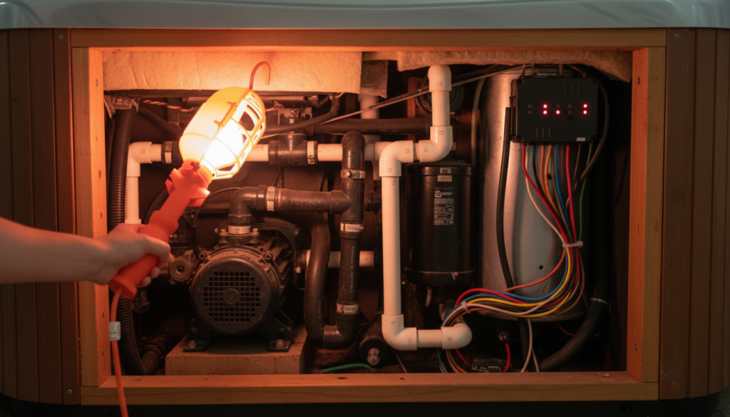 Hot tub equipment bay heated with work light during cold weather delivery