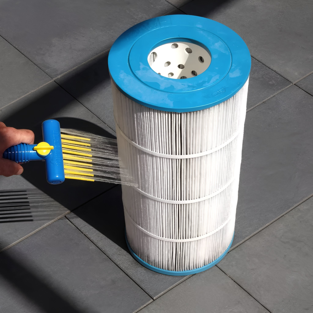 Hot tub filter being rinsed at 45-degree angle during maintenance