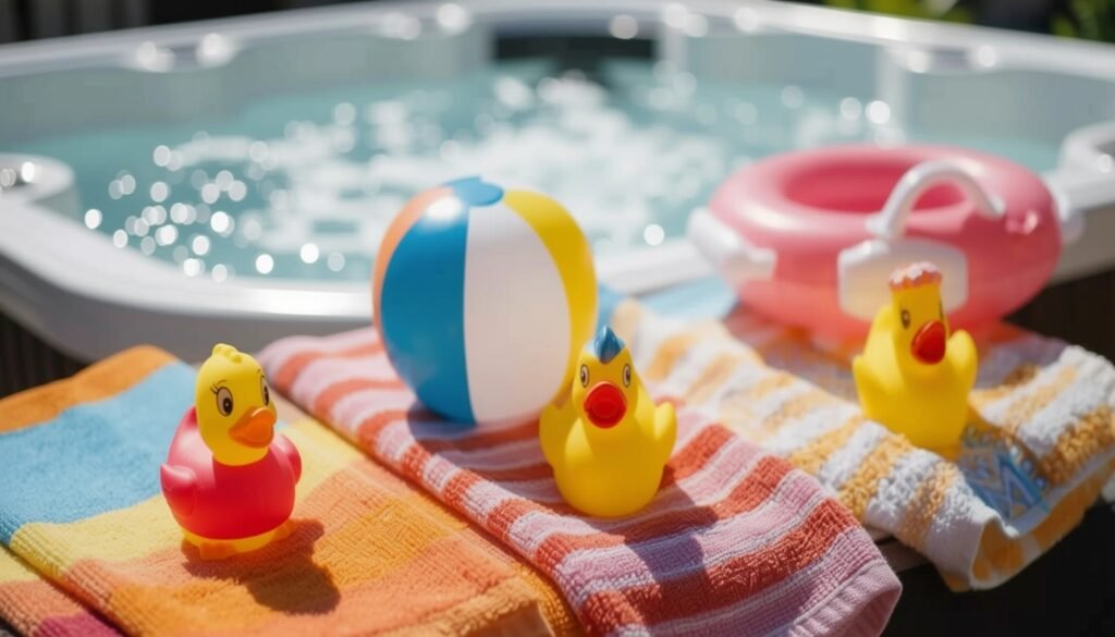 rubber ducks sitting on a towel next to a ho tub