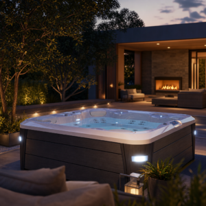 modern backyard spa scene featuring a Hot Spring‑style hot tub surrounded by warm evening lighting