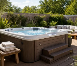 Buying a hot tub shown in a modern backyard hot tub scene captured in crisp, natural light.