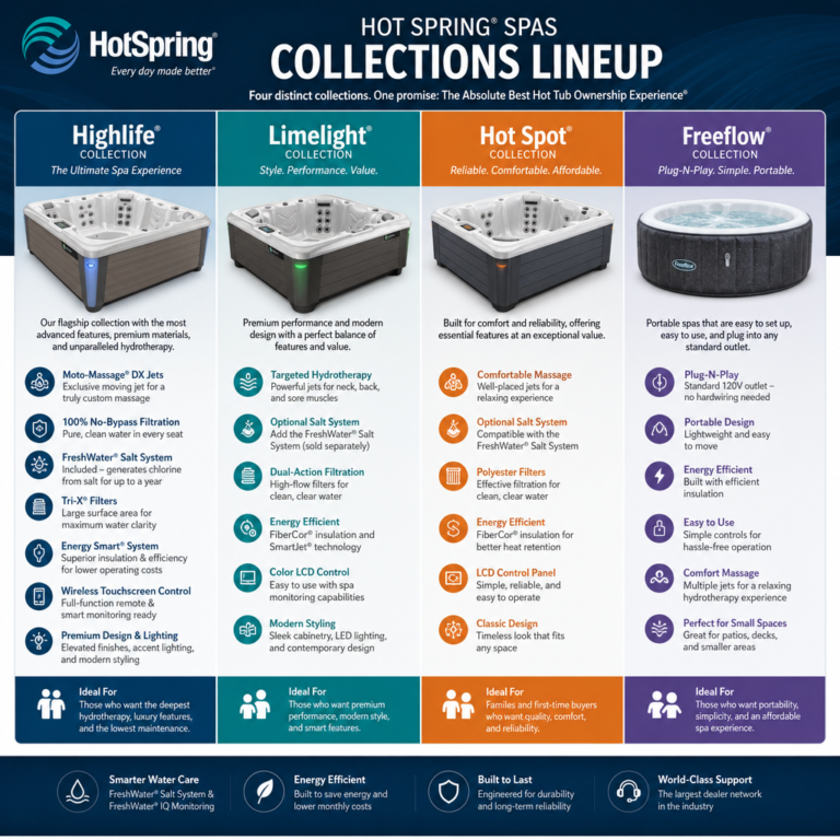A side‑by‑side visual comparison of the four Hot Spring® spa collections — Highlife®, Limelight®, Hot Spot®, and Freeflow®.