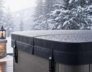 Hot tub cover in snowy landscape.
