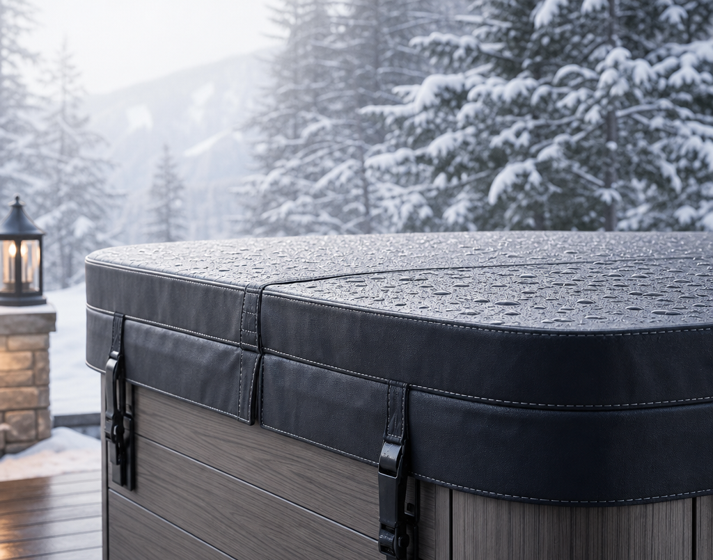 Hot tub cover in snowy landscape.