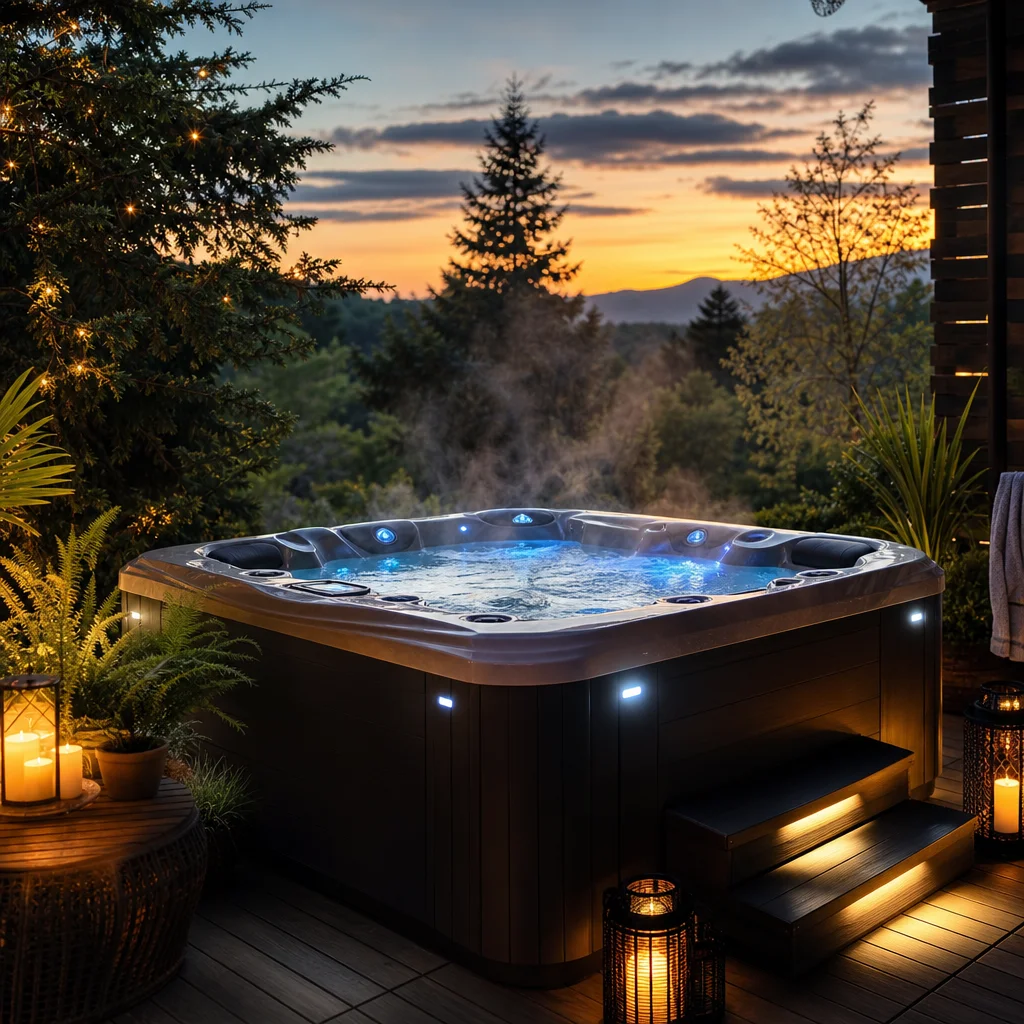 Why Hot Tubs Make You Healthier. A hot tub pictured at sunset with a mountain backdrop