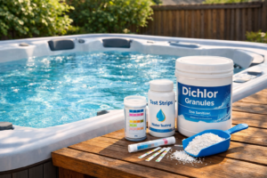 Which Chlorine Is Best with a hot tub pictured in the background