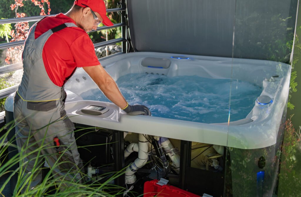Person Performs Maintenance on Hot Tub in Backyard Setting